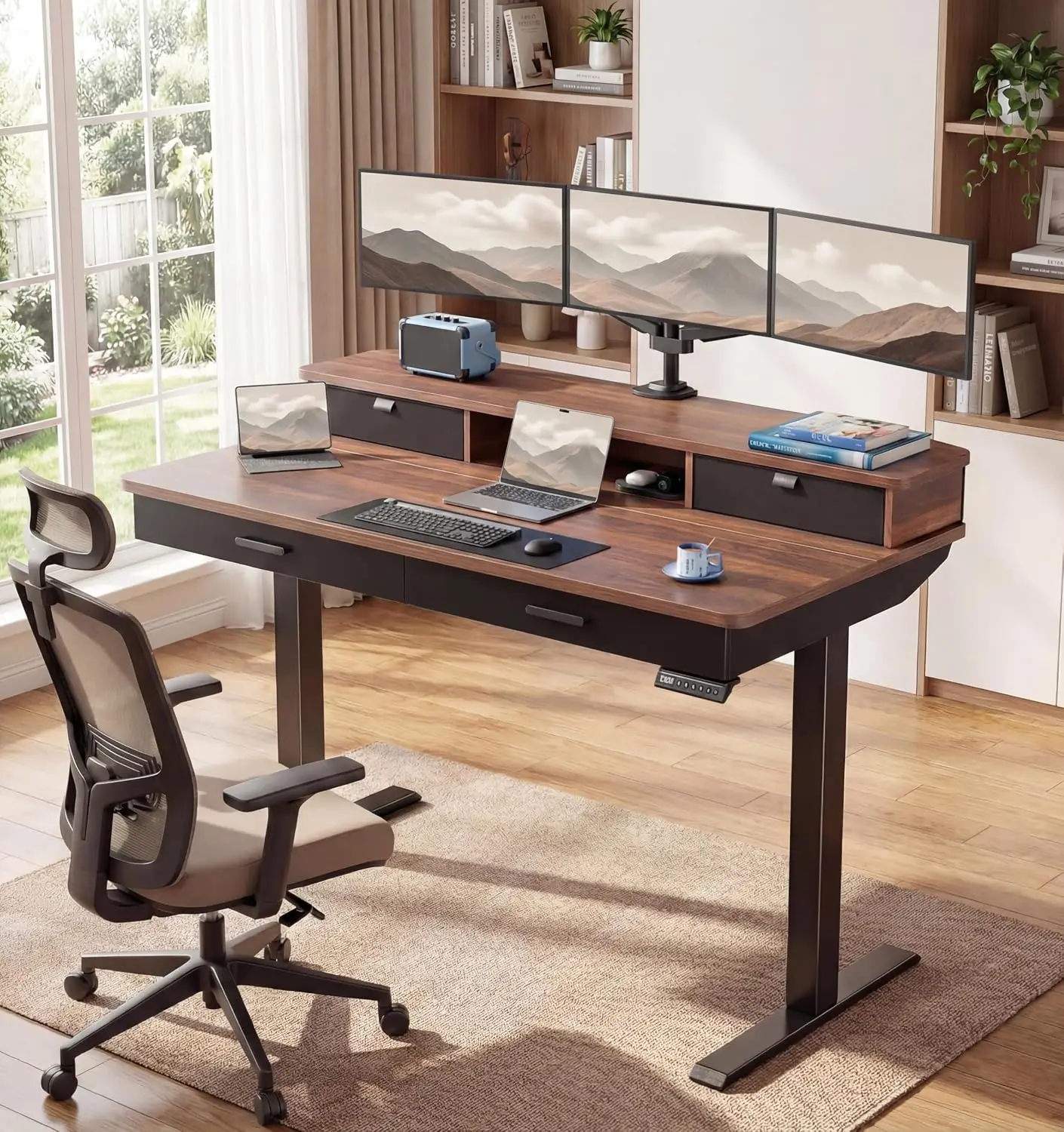 55x30 Inch Electric Standing Desk with 4 Drawers, Walnut, Customized
