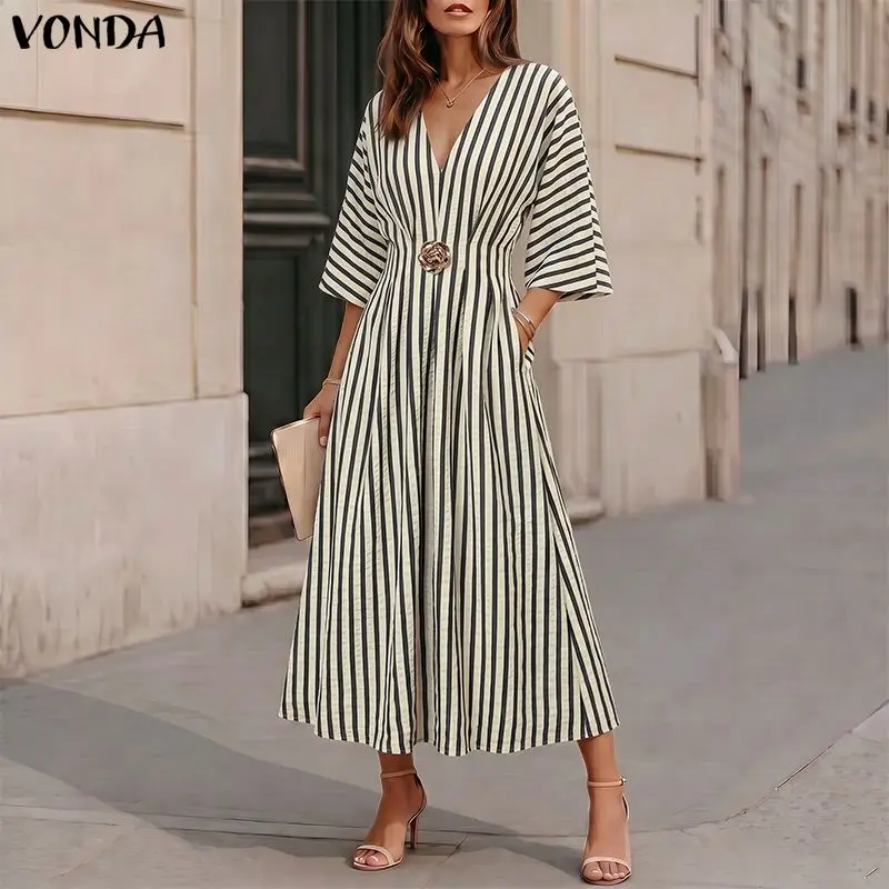Elegant Office Sundress Women Midi Dress VONDA 3/4 Sleeve Belted Pleated Casual Robe V-Neck Striped Vestidos Summer Dresses