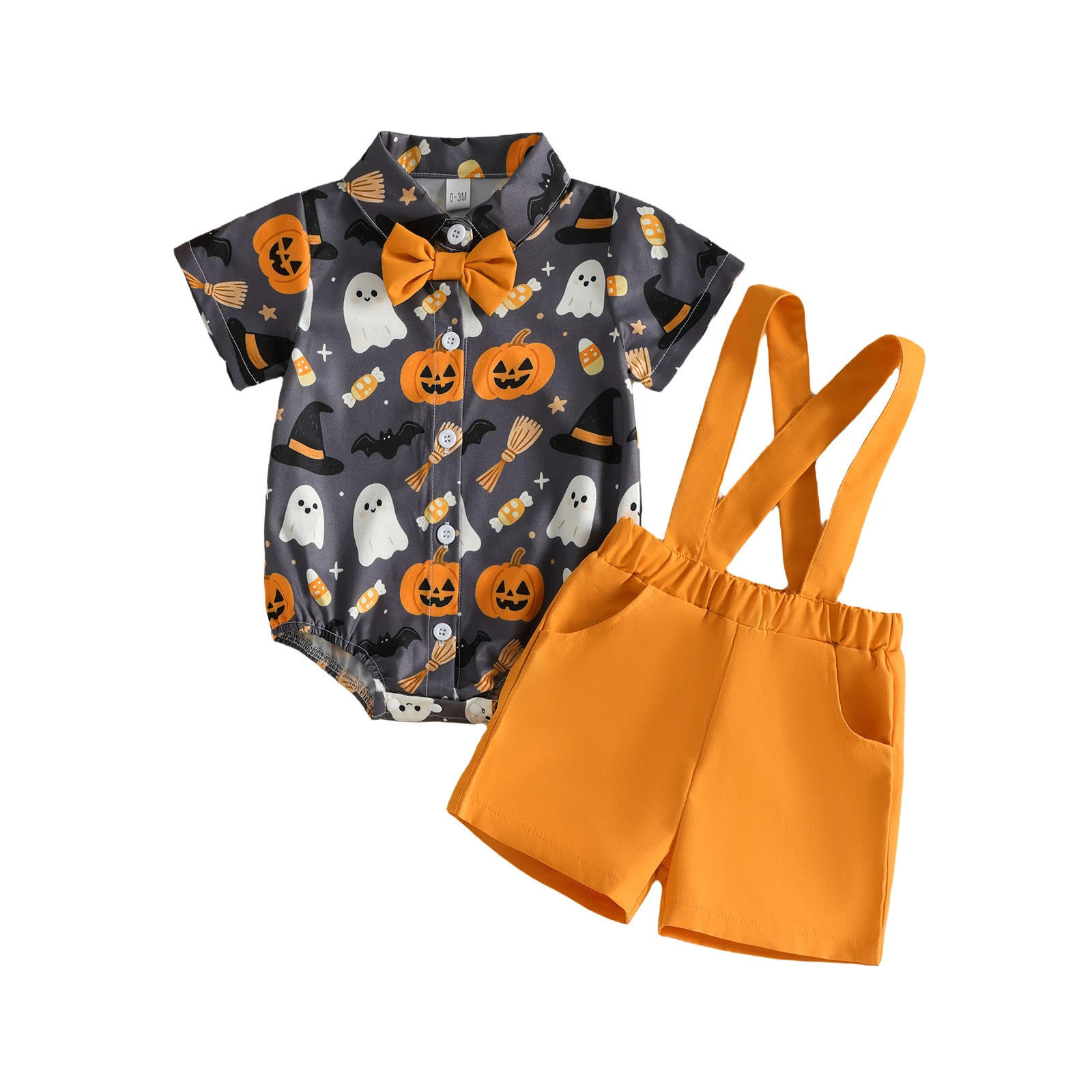 Boy Halloween Outfits Ghost Pumpkin Print Shirt Solid Color Overalls Shorts