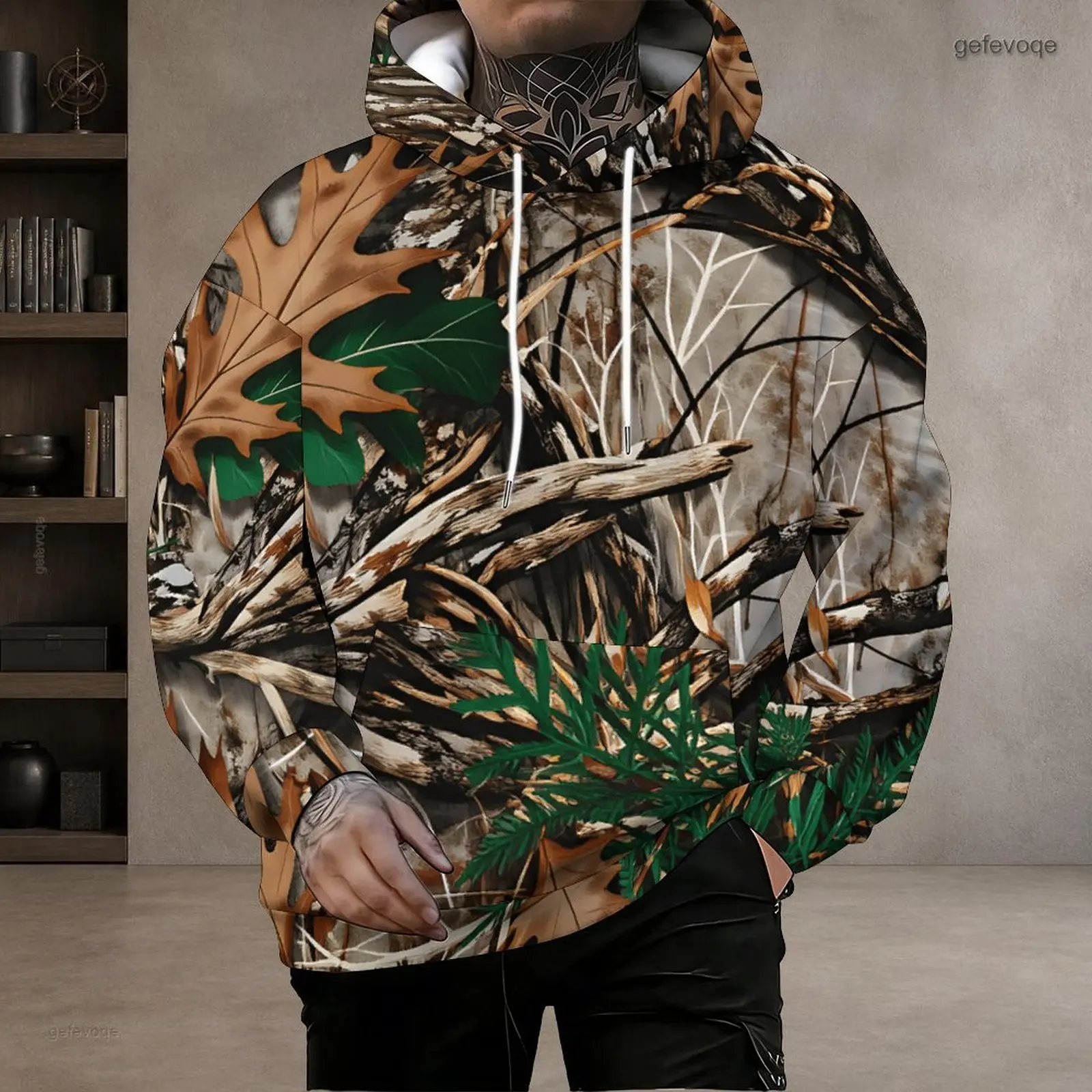 Men Printed Forest Camo Leaves Branches Foliage Long Sleeve Pullover Drawstring Hoodie with Kangaroo Pocket