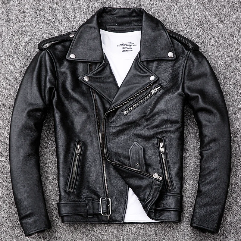 Spring Classical Motorcycle Oblique Zipper Jackets Men Leather Jacket Natural Calf Skin Thick Slim Cowhide Moto Biker Jacket Man