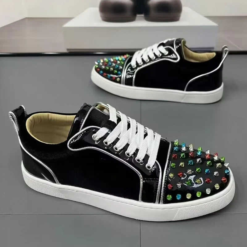 men luxury fashion rivets shoes lace up original leather flats shoe party nightclub dress black trendy sneakers youth footwear