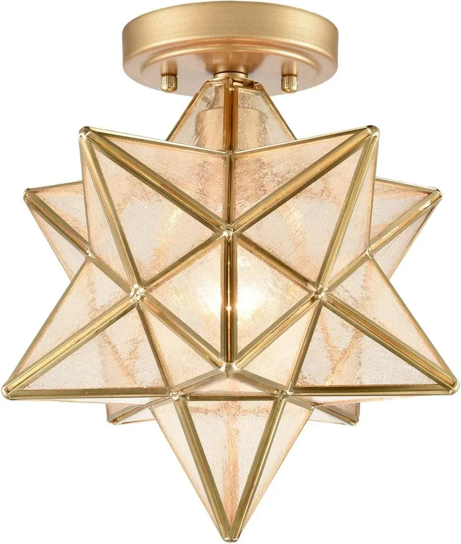 

12-дюймовый потолочный светильник Moravian Star из латуни в стиле бохо, с плафоном из рифленого стекла, цоколь E26, для спальни