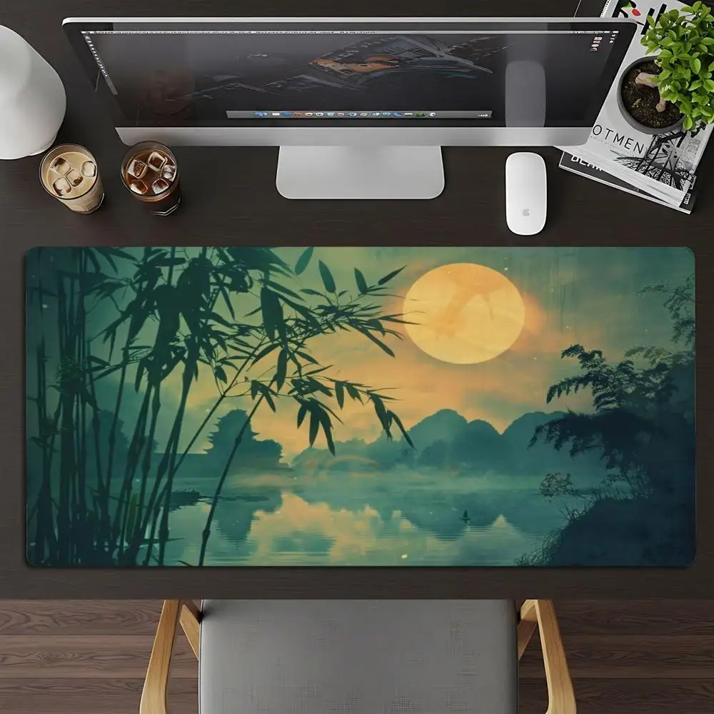 Large Mousepad Bamboo Moon Landscape Mousepads Keyboard Mat Deskpad Pc Game Desk Mats Oriental Scenery Mouse Mats For Desktop