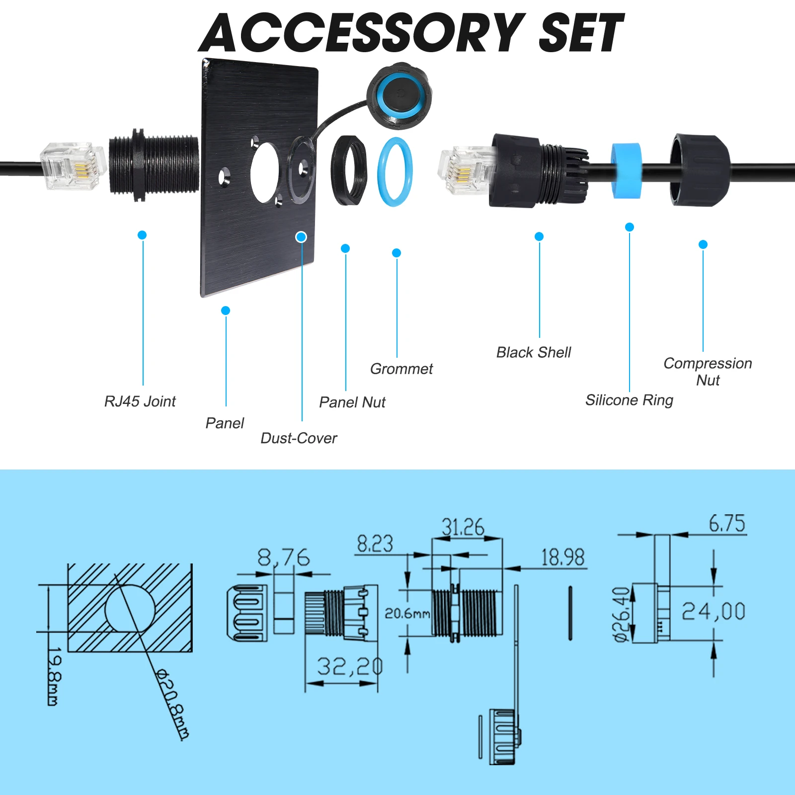 M20 RJ45 Zinc Alloy Connector Ethernet Network Straight-through Waterproof IP68 Header Panel Outdoor Broadband Network Cable