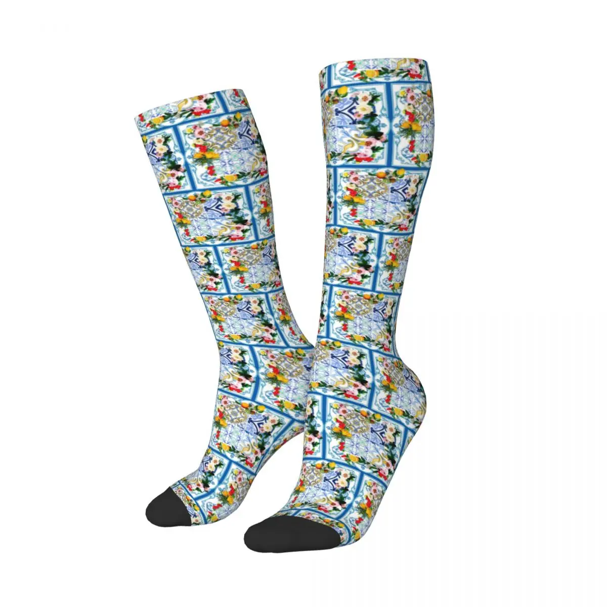 Sicilian Tiles,mediterranean,mosaic,lemons Socks Harajuku Stockings All Season Long Socks  for Unisex Birthday Present