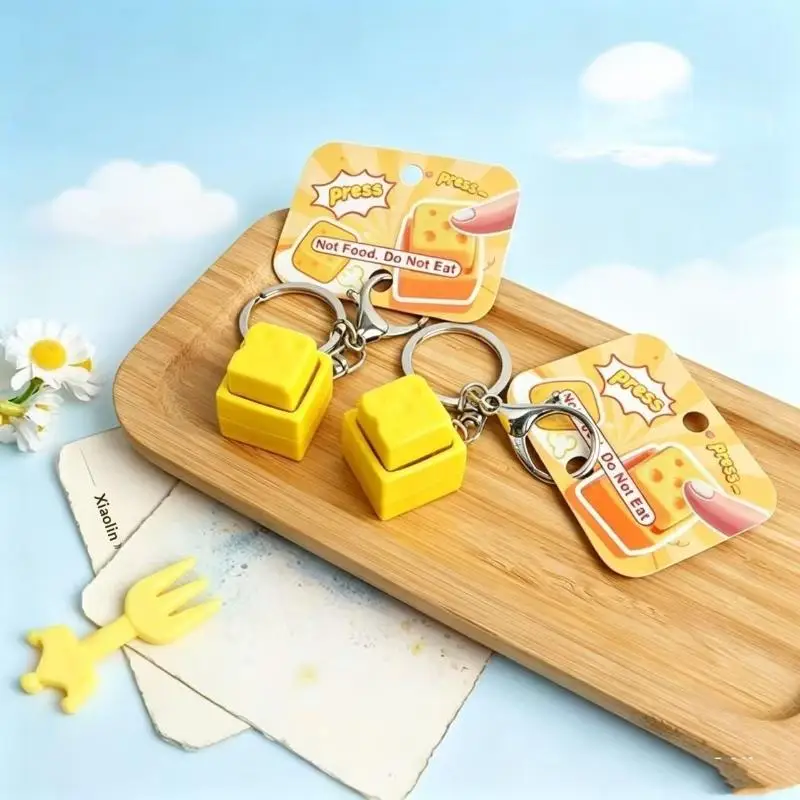 1Pcs Portable Mini Cheese Keychain Fidget Toy Stress Relief Clickable Keyboard Keycap for Kids Adults Daily Relax