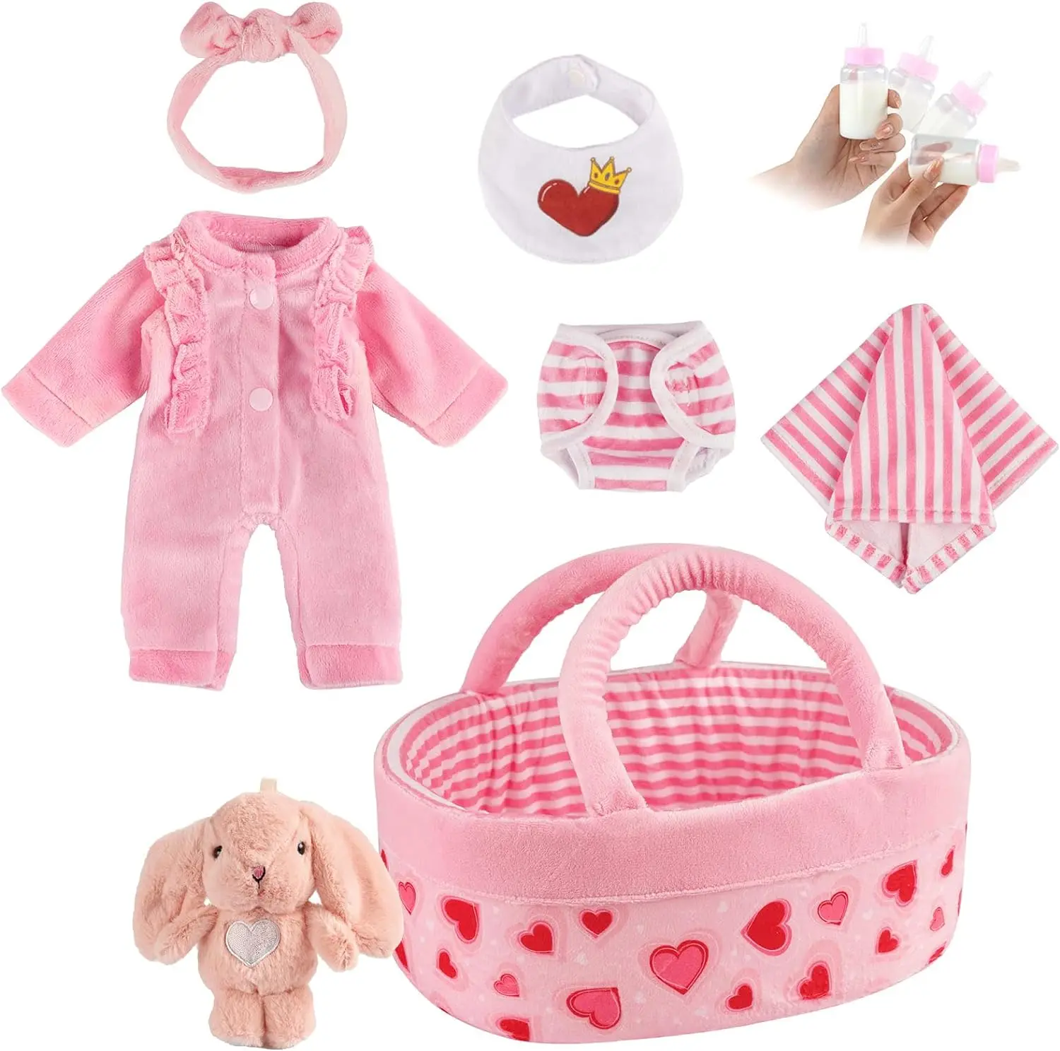 

8 Pcs Reborn Baby Doll Clothes with Bassinet for 8-10 Inch Reborn Dolls, Baby Doll Clothing and Doll Accessories Set