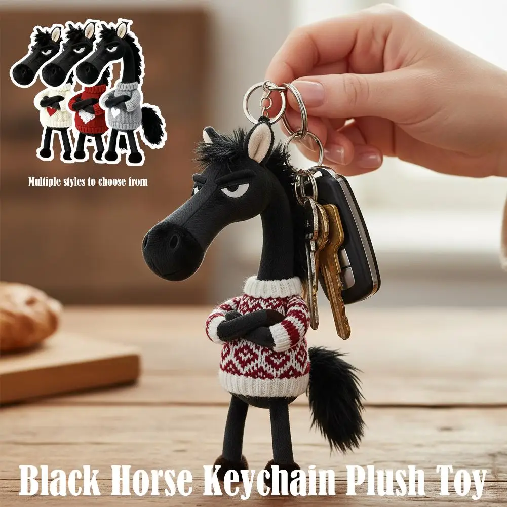 Decoración de caballo negro, bolso de juguete de peluche de caballo negro fresco, llavero de caballo de peluche, llavero de caballo de peluche negro en forma de corazón