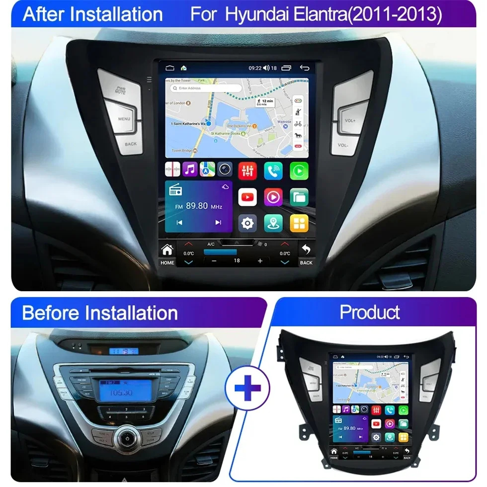 4G+64G  Android14 Carplay Style Car GPS Navigation for Hyundai Elantra/ MD/Avante MD 2011 2012-2016 Auto Radio Multimedia Player