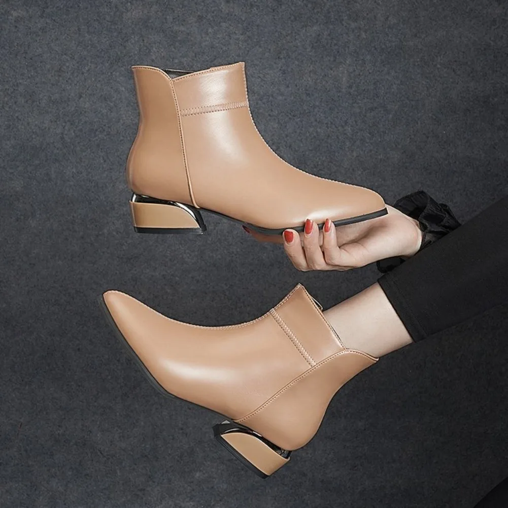 2026 Neue Damenstiefel Mode Lässige Lederstiefel Spitze Formelle Büroschuhe für Frauen Reißverschluss-Knöchelstiefel – Detail 3