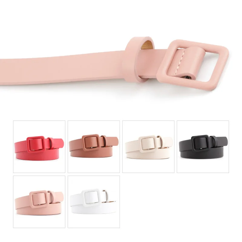 Vintage Decorative Belt PU Leather Solid Color Square Needleless Buckle Women Waist Belt Slim All-match Narrow Thin No Hole Belt