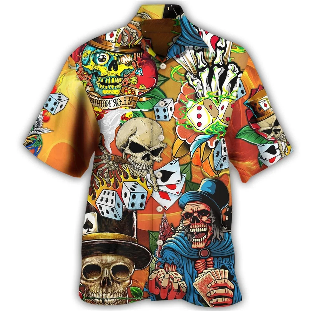 Skull Men's Shirt 2023 Hd 3d Printing Retro High Street Tshirt Short Sleeve Terror Graphics Hawaiian Shirts Man Clothing Tops