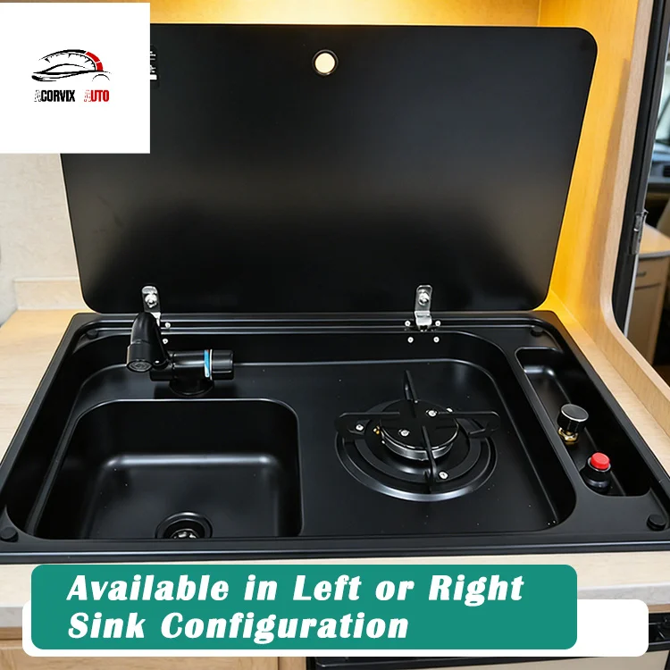 RV Sink Stove Combo Black Nano Coating SUS304 Steel Single Burner Tempered Glass Lid for Camper Caravan Yacht RV Kitchen