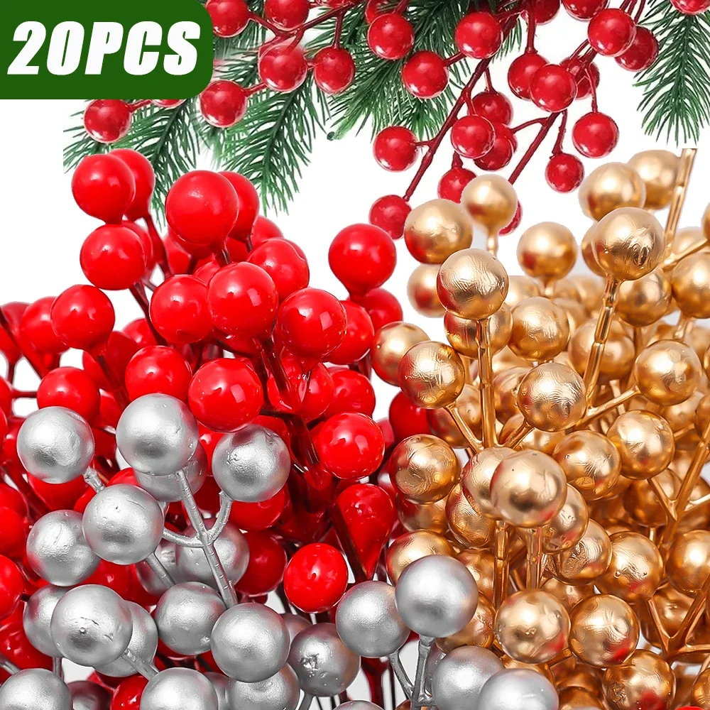 20/1Pcs Christmas Red Berries Simulation Foam Berry Flower Branch Fake Plant DIY Wreath Xmas Tree Ornament Home Xmas Decoration