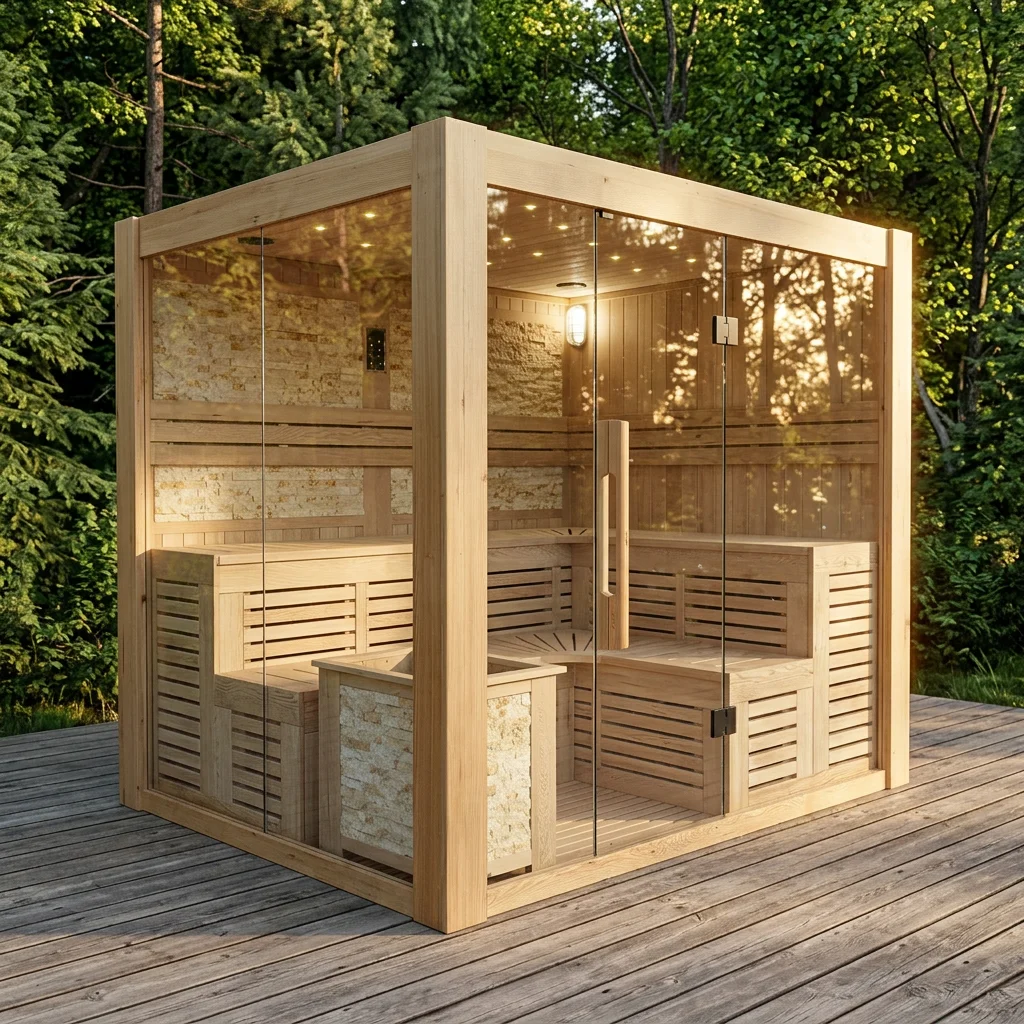 Wholesale Indoor Traditional Sauna Room 6-7 Person Family Dry Steam Sauna Cabin Canadian Hemlock Solid Wood Dry Sauna Factory