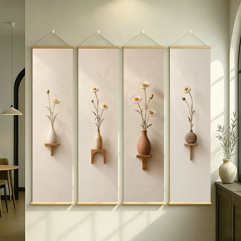 White Flower Wall Art 4-Panel Yellow Center Vase Hanging Scroll Set on Cream Silver Shimmer Canvas for Bright Kitchen Decor