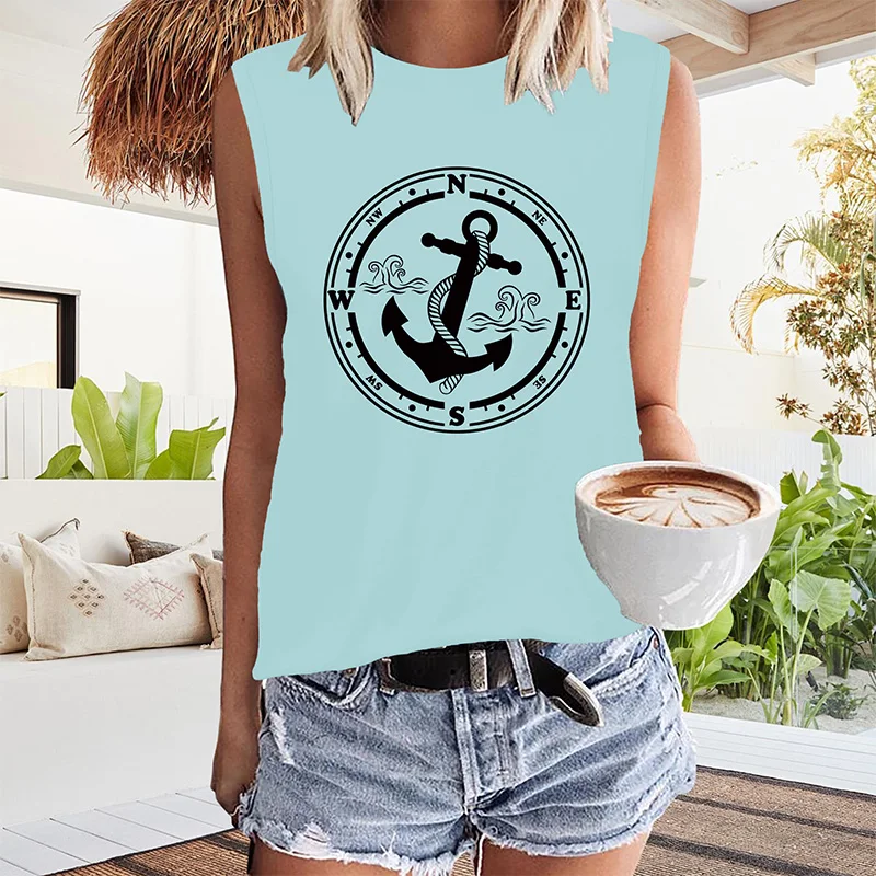Navy Anchor, Compass, Rope, Nautical Printed 2023 Summer New Harajuku Style Round Neck Women's T-shirt Sleeveless Tank Top