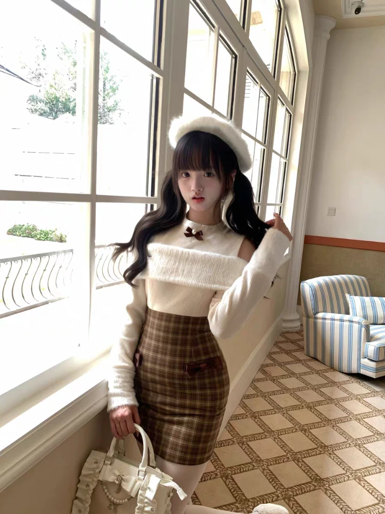 겨울 일본식 니트 스위트 패치워크 드레스 여성 귀여운 브라운 빈티지 체크무늬 파티 드레스 신상 하라주쿠 스타일 시크 의류 2025