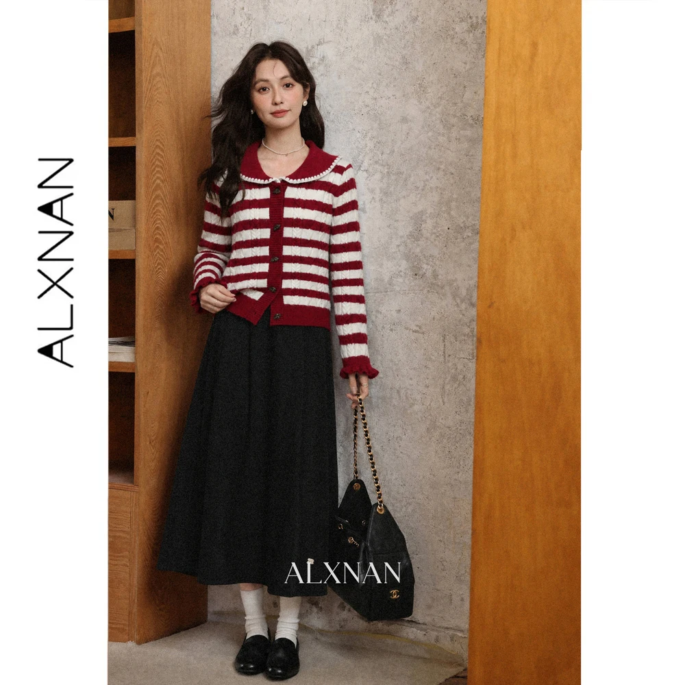 ALXNAN Striped Color Block Red Knit Cardigan for Women Autumn New Horn Button Versatile Sweater 2026 Long Sleeve Top L683171A
