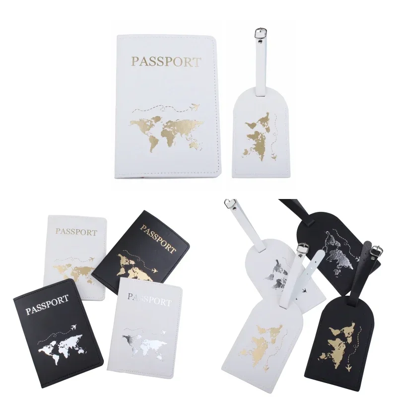 

1 Set PU Leather Luggage Tag Passport Case Hot Stamping Map Airplane Boarding Pass Passport Storage Bag Home Travel Organization