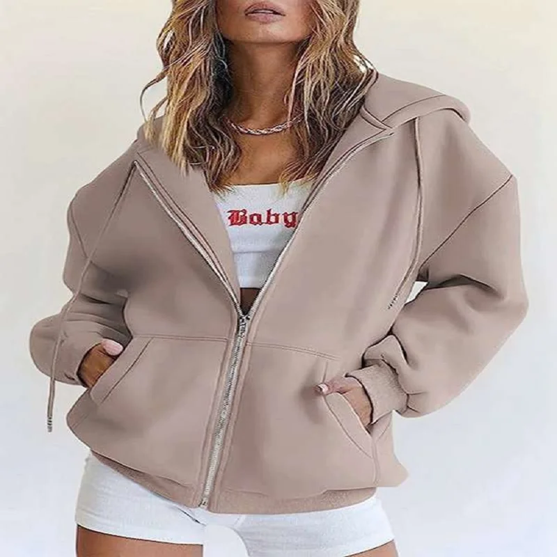 Women's Hooded Zip-Up Sweatshirts Oversized Solid Long-Sleeved Coats Simple Fashion Woman Clothing Casual Hoodie Outerwears