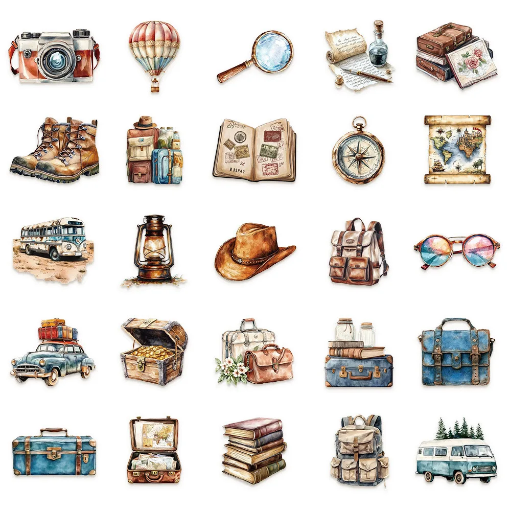 10/30/50pcs Vintage Outdoor Hiking Camping Stickers Transparent Cartoon Travel Scenery Decals Diary Phone Luggage Sticker Pack