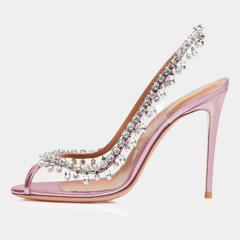 Silver Pink PVC Clear Heeled Sandals Women Pumps Sexy Rhinestones Thin High Heels Shoes Pointed Toes Party Nightclub Sandals