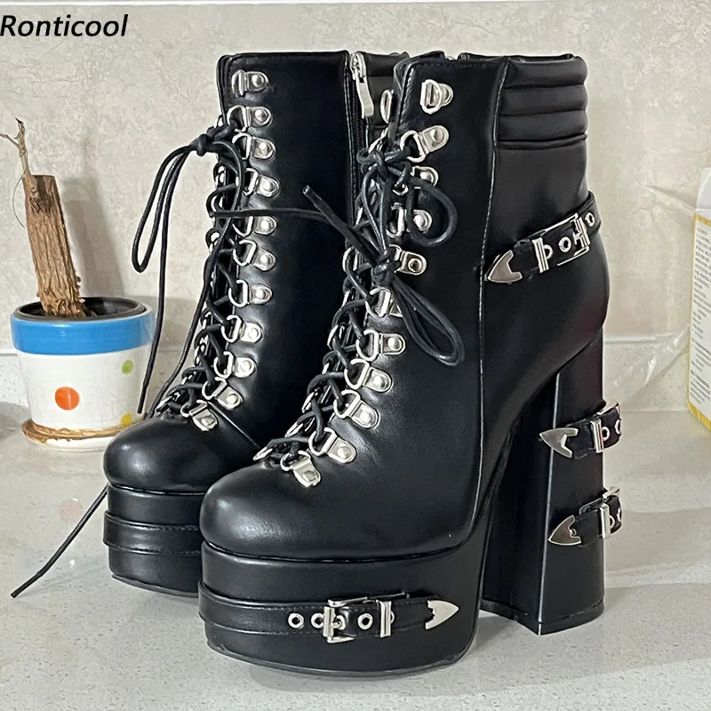 

Ronticool 2024 New Women Winter Platform Ankle Boots Buckle Chunky Heels Round Toe Black Punk Club Wear Shoes US Size 5-20