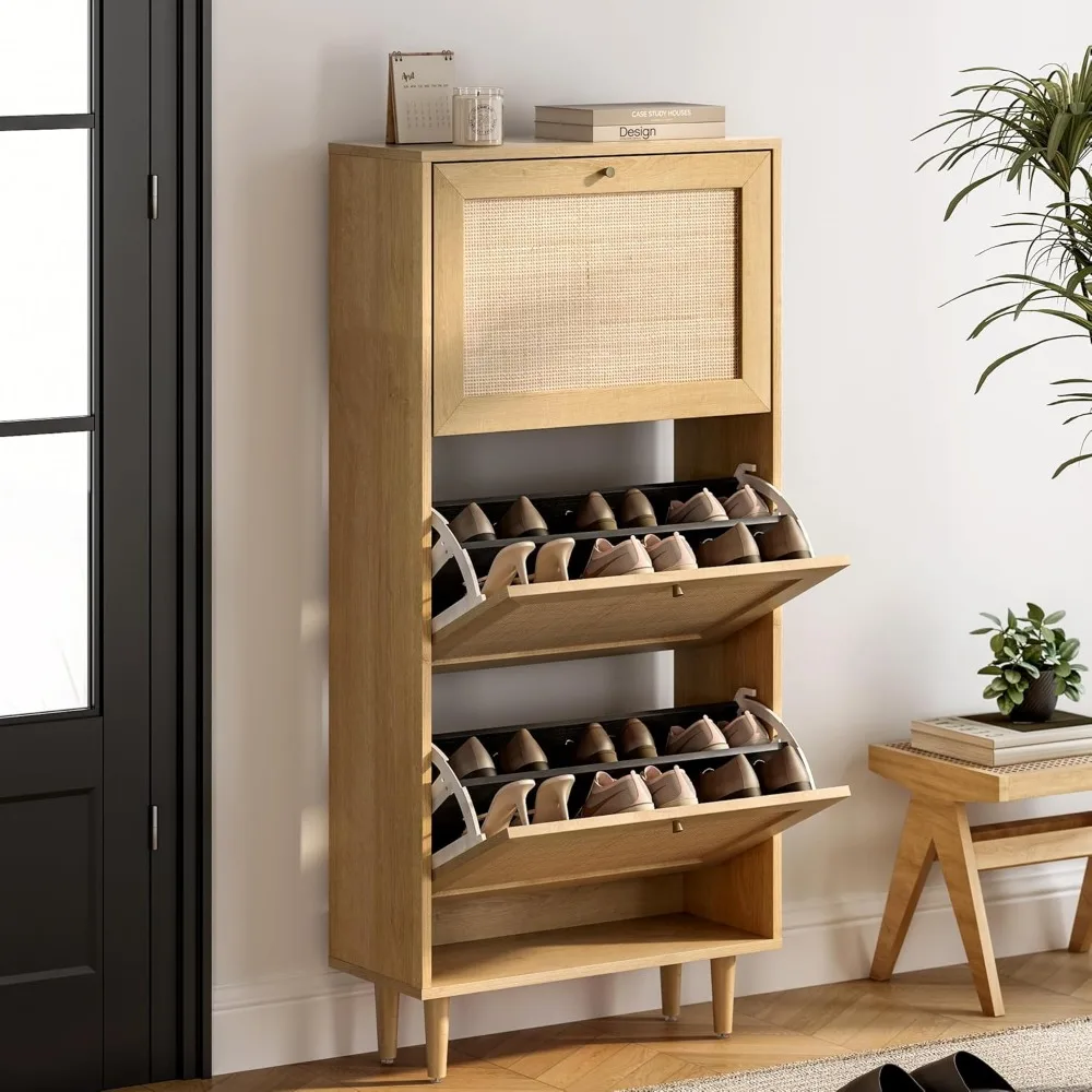 Freestanding Wooden Shoe Storage Cabinet with 3 Rattan Door Flip Drawers