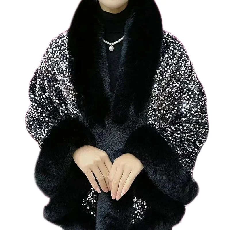 2024 Autumn Winter Thickened Warm High-grade Fleece Sequin Collar Fringe Shawl Coat Aristocratic Elegance Versatile Loose Cape