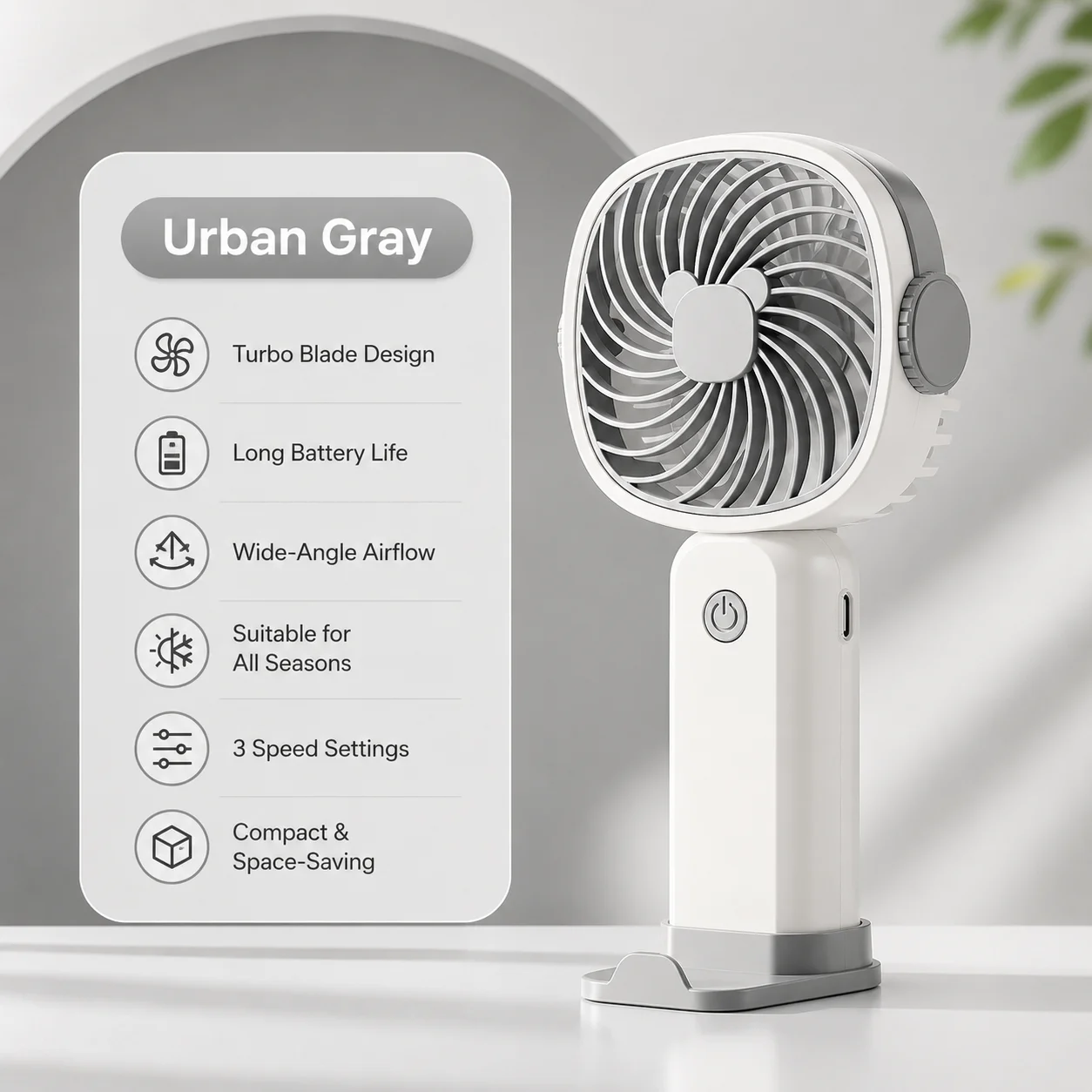 USB-Powered Portable Fan, 3-Speed Desktop Fan with Phone Holder Base, Lightweight Mini Cooling Fan and Phone Stand