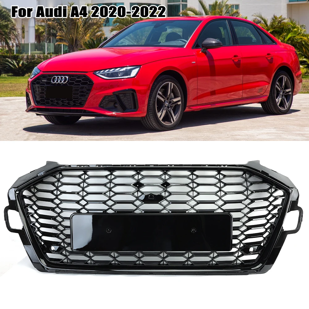 Front Hood Bumper Mesh Honeycomb Grille for AUDI A4 Avant S4 S-line B9 2020 - 2022 EU Accessories Black ABS Racing Grills