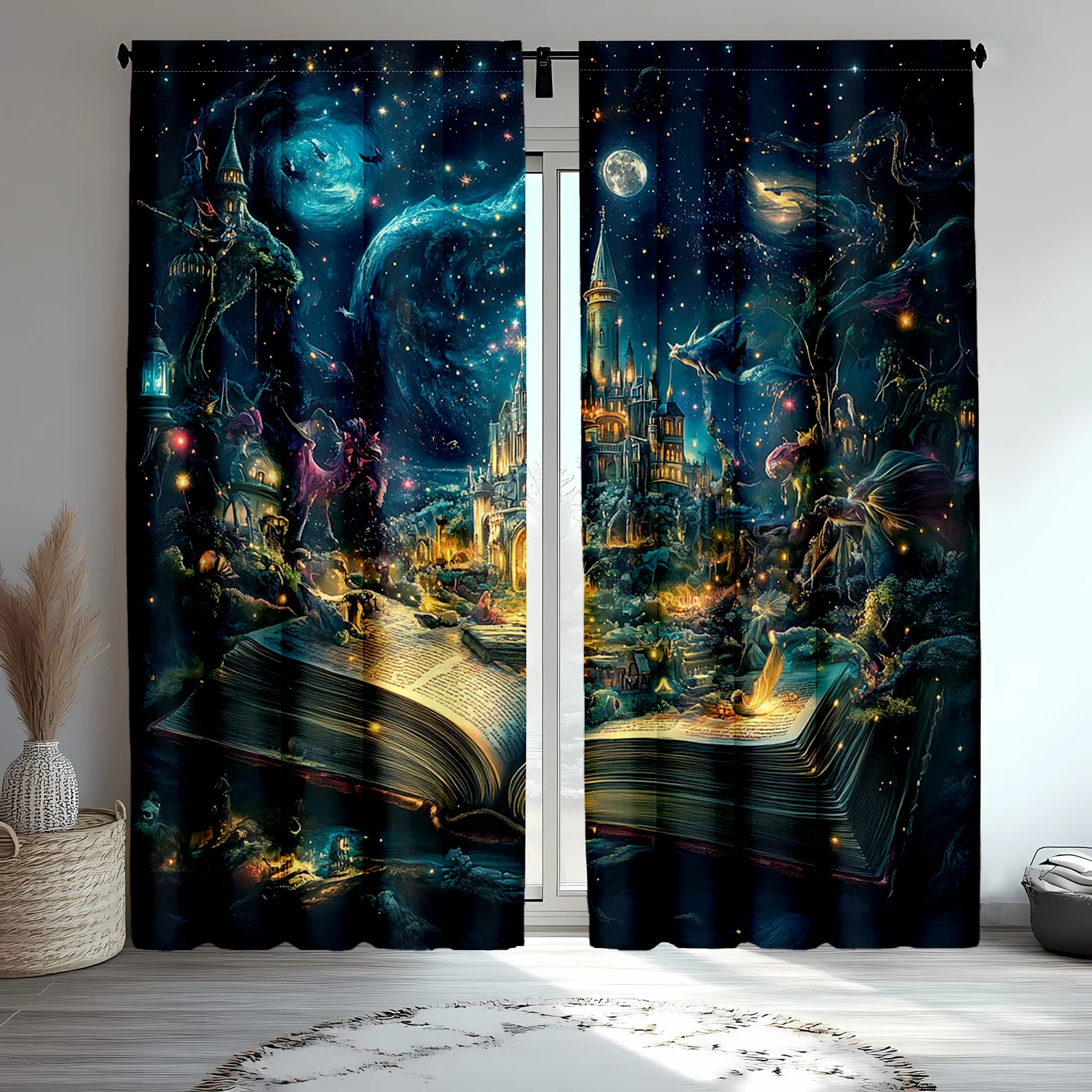 Enchanted Fantasy Celestial Night Sky Curtains 2pcs Cosmic Magic Bookstore Wizard Window Decoration Backdrop Pair