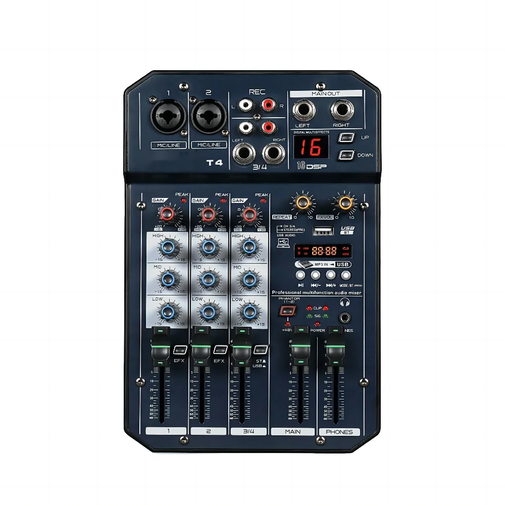 

Demao T4 Professional 4-channel audio and video mixer, suitable for DJ of singing, guitar and sound card