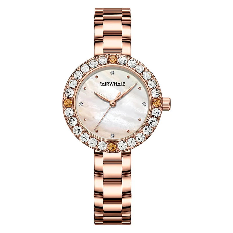 Round Hot Diamond Studded Quartz Watch for Women with Waterproof Design and Steel Strap Jewelry Clasp
