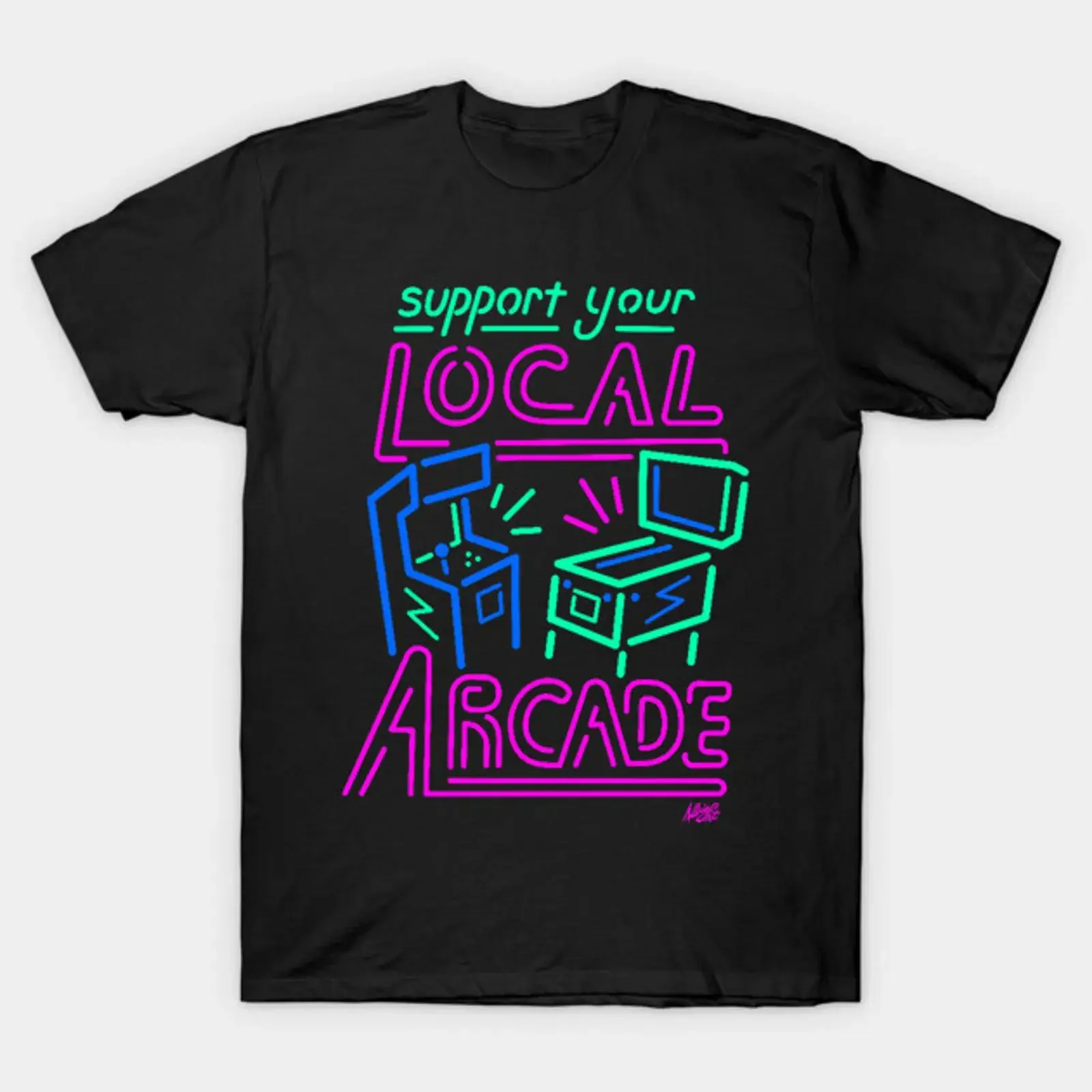 Support Your Local Arcade Neon Pinball Game Room T Shirt vintage Washed Versatile Breathable Slightly Unisex
