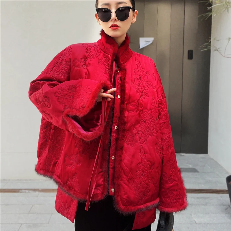 New Chinese Style Quilted Cotton Jacket Women Mink Hair Splicing Single Breasted Loose Fashionable Pocket Warm Coat Red S-XL