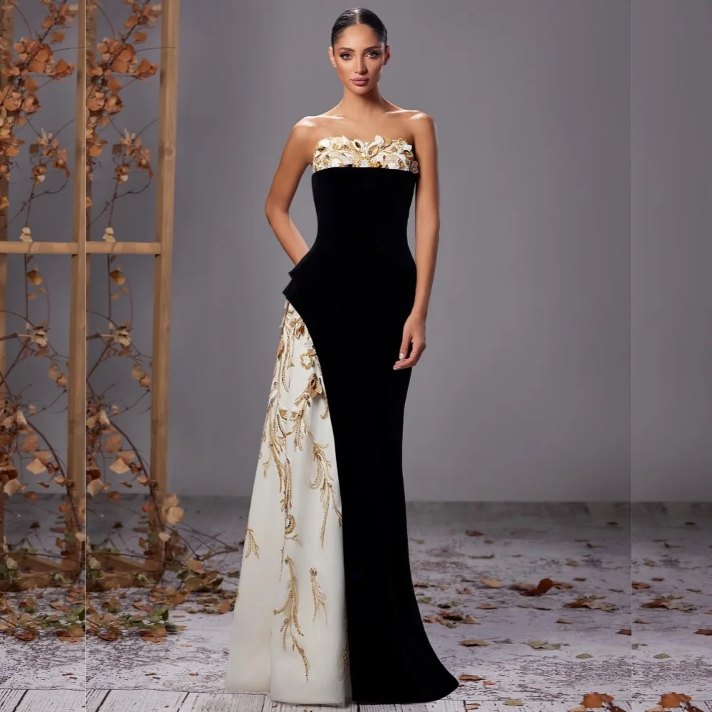 

Customized High Quality Jersey Sequined Flower A-line Strapless Long Dresses Bespoke Occasion Sparkle Retro