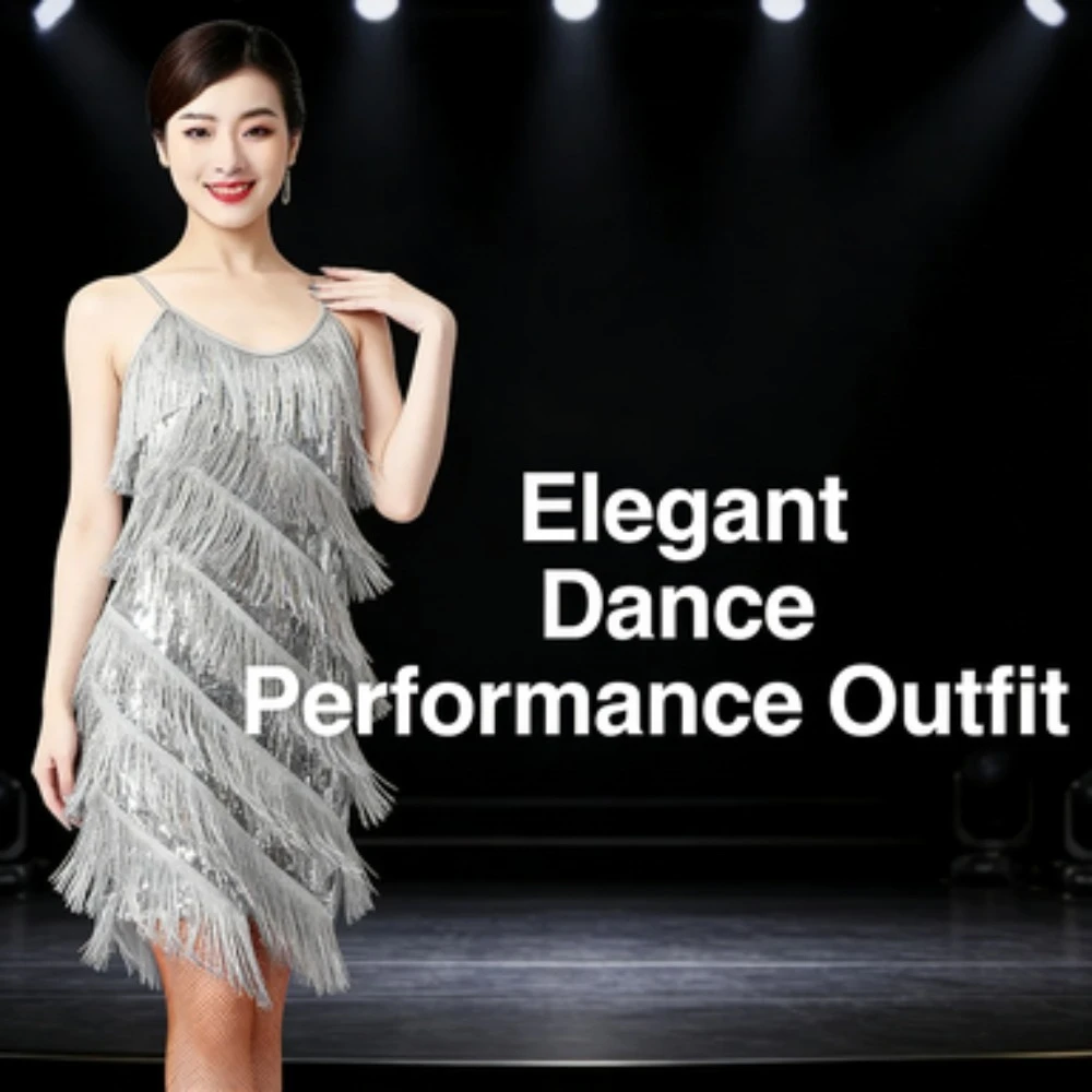 

Платье для латинских танцев с блестками и бахромой, V-образный вырез, костюм для сценических соревнований, костюм для выступлений, юбка