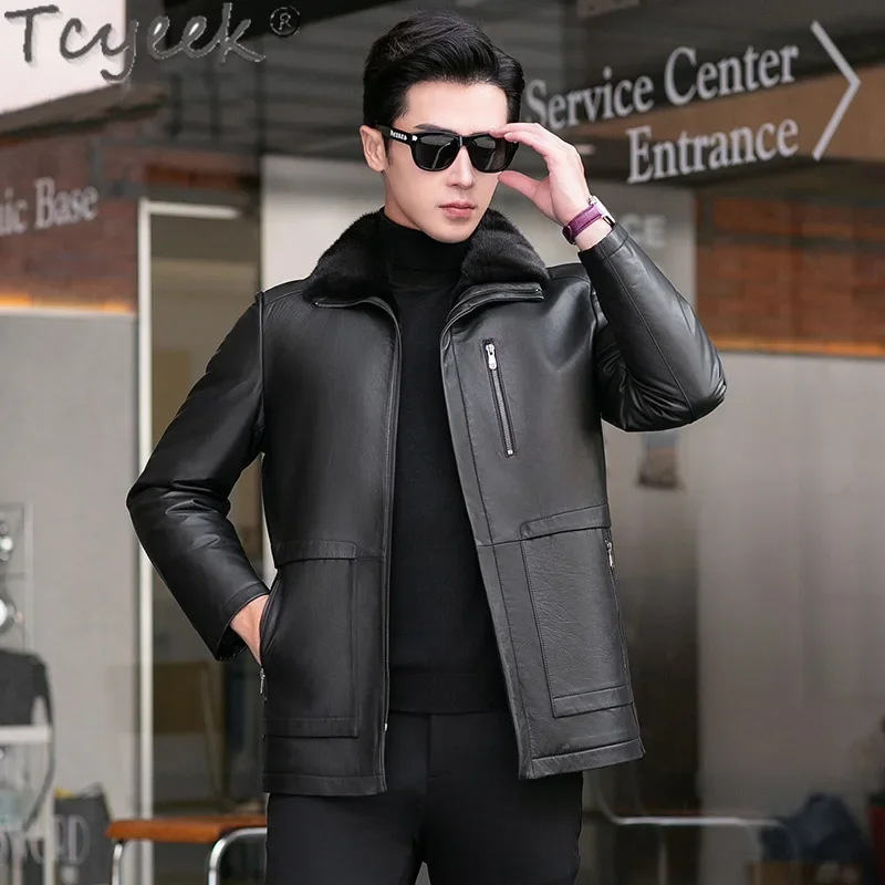 Tcyeek Real Leather Jacket Men Business Casual Top Layer Cowhide Coats for Man Thickened Warm Real Fur Jackets Winter Clothes