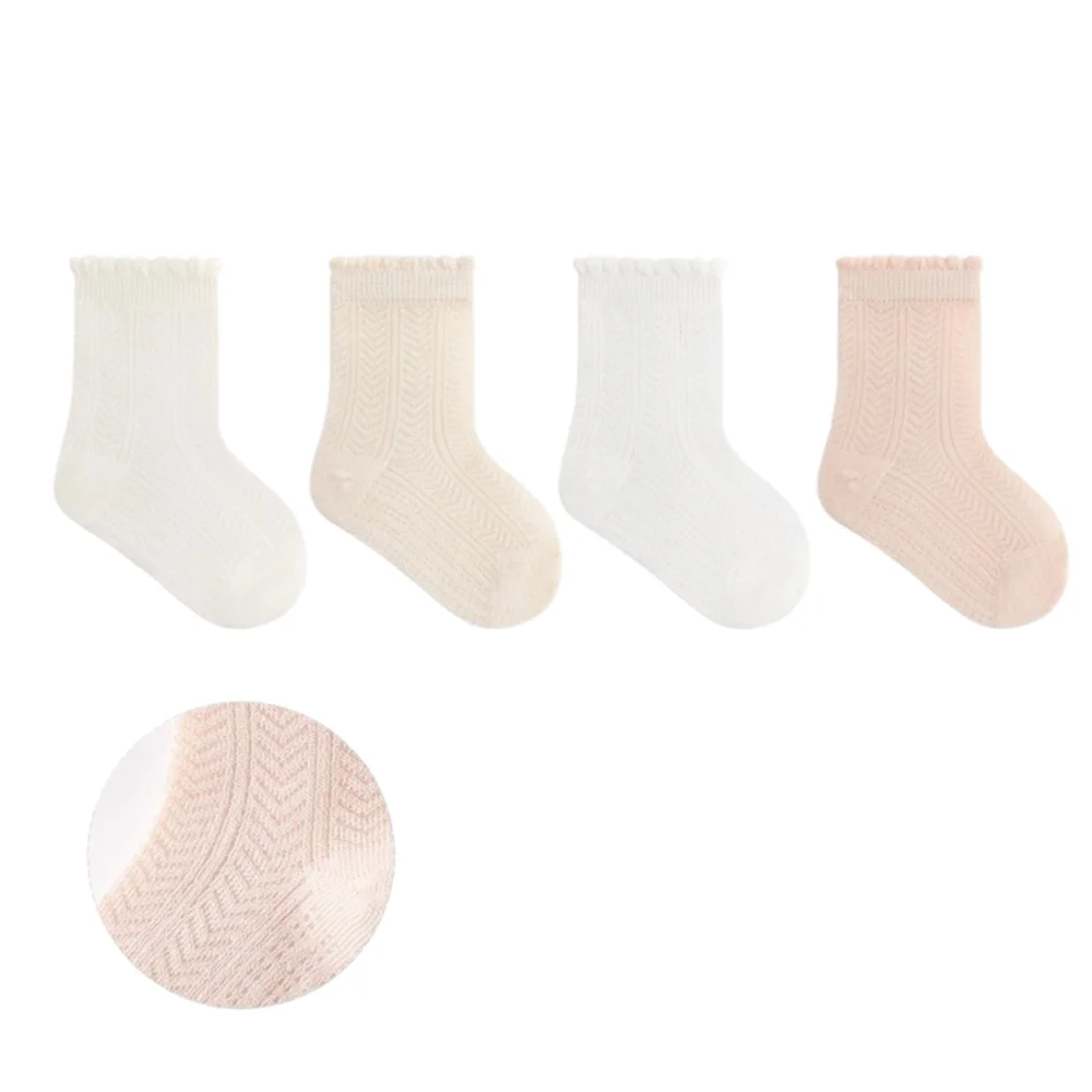 4 Pairs Combed Cotton Newborn Socks Thin Multi-pattern Baby Mesh Socks Breathable Boneless Construction Mid-calf Socks