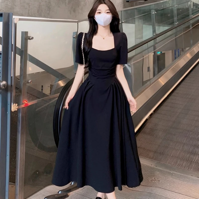 ภาษาฝรั่งเศสคําสแควร์คอชุดผู้หญิงฤดูร้อนใหม่ A-Word ชุดยาวสุภาพสตรี Slim Sundress แขนสั้น Elegant Party vestidos