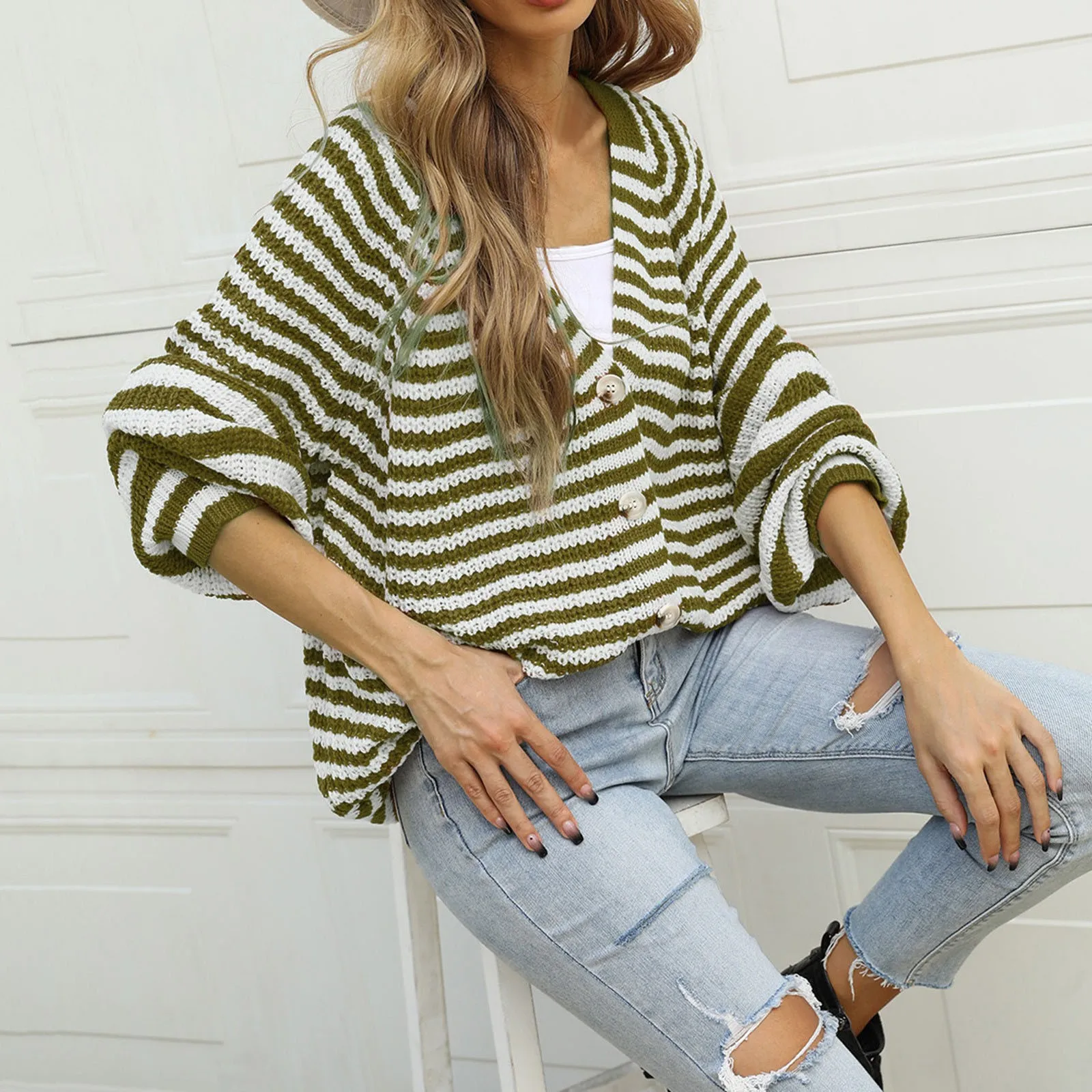 Women Cardigan Single Breasted Casual Fashion Loose Large Size Striped Cardigan Knit Coat For Women Front Slit Cover Ups Sweater