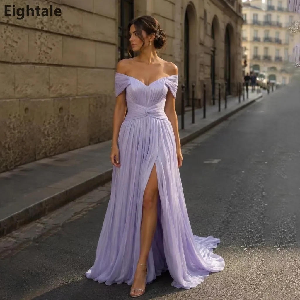 Eightale 2026 Lavendelfarbenes, schulterfreies A-Linien-Abendkleid mit hohem Schlitz, plissiertes Dubai-Abschlussballkleid, formelles Partykleid, maßgeschneidert