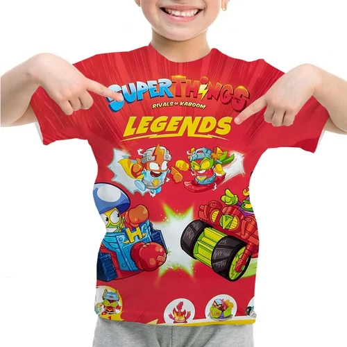 Camiseta con patrón de SuperThings en 3D para niños, ropa de manga corta con cuello redondo, camiseta informal para niñas, camisetas de primavera y verano, ropa para niños