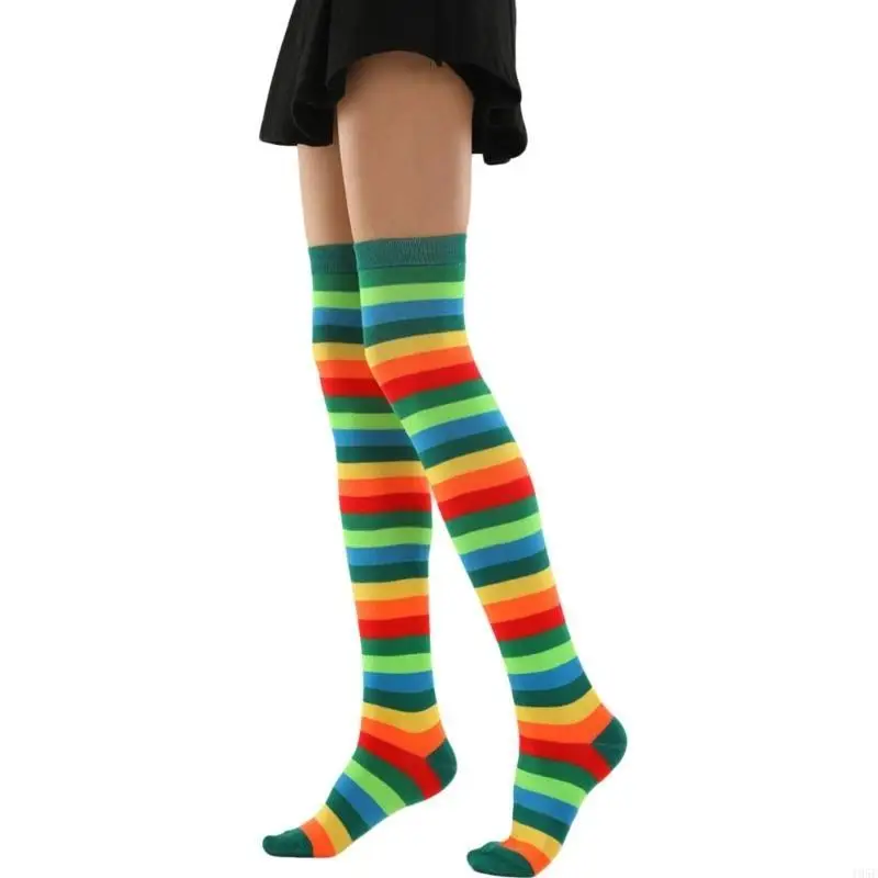 195E Oberschenkelstrümpfe, bunt, Regenbogenfarben, gestreift, Oberschenkelstrümpfe, Overknee-Socken, Beinstulpen für Damen,