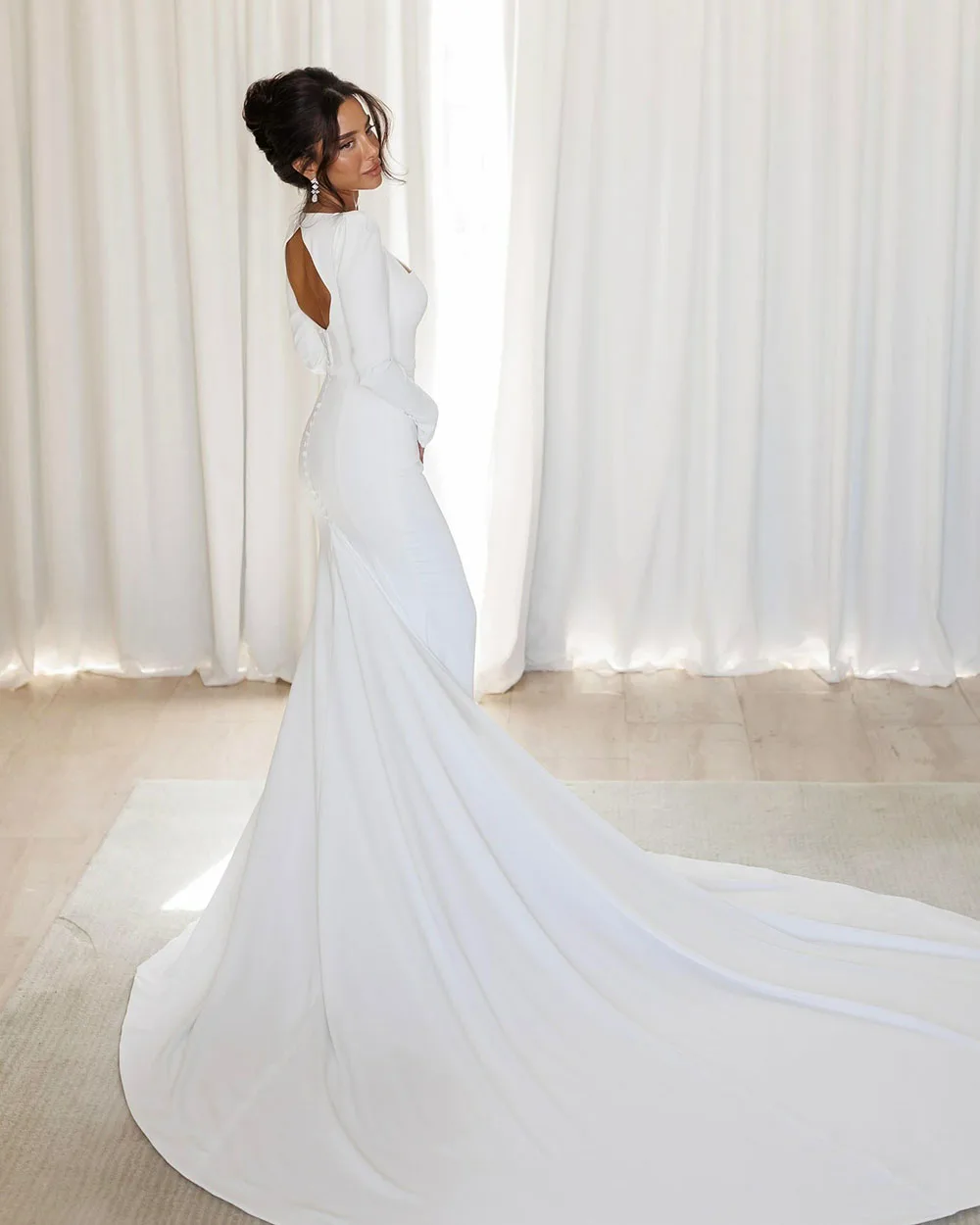 Customized Elegant Wedding Dresses 2026 Mermaid Long Sleeve Bridal Gown Square Neck Button Court Train Classic Bride Dress image 2