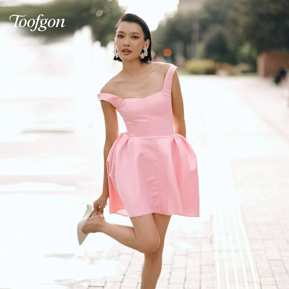 

Toofgon A Line Pink Satin Mini Customized Prom Party Dresses Women Bridesmaid Gowns Wide Straps Outfit Homecoming Dress 2025