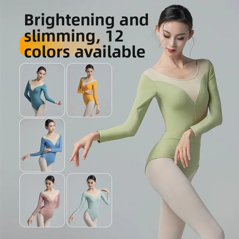 ballet-dance-unit-suit-long-sleeve-v-neck-adult-art-exam-dance-gymnastics-uniform-body-shape-fitness-practice-costume